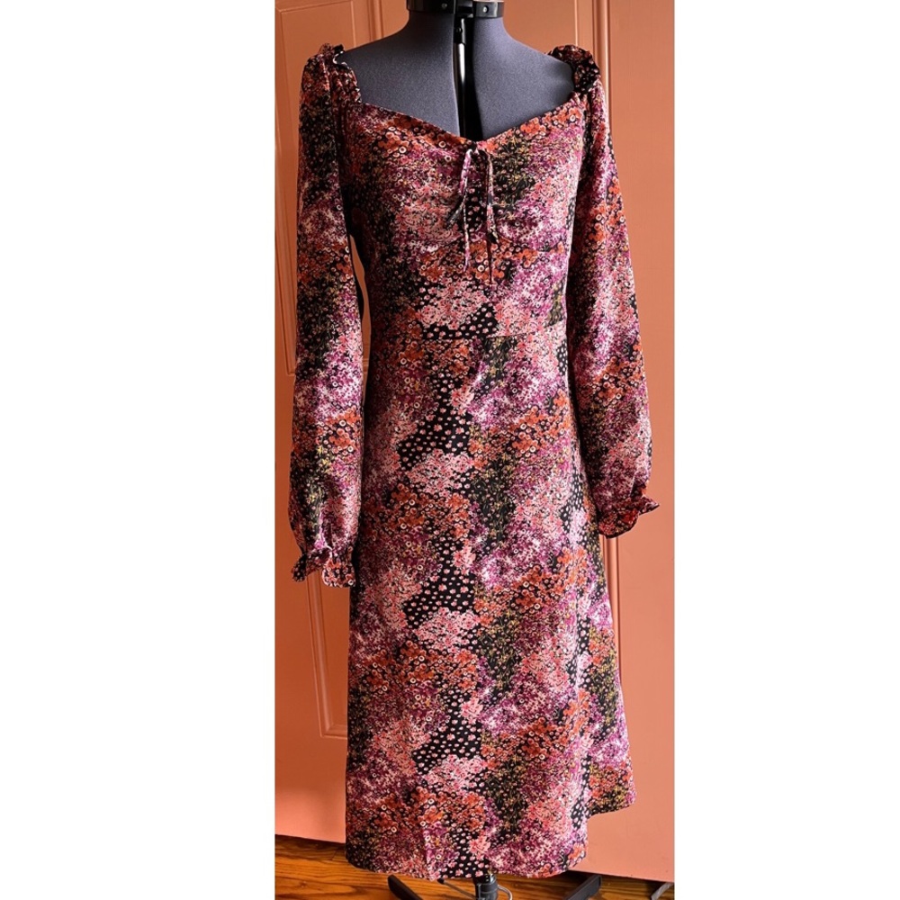 As You Wish • Coral & Mauve Floral Corset Waist Puff Sleeve Midi Dress • Size XL